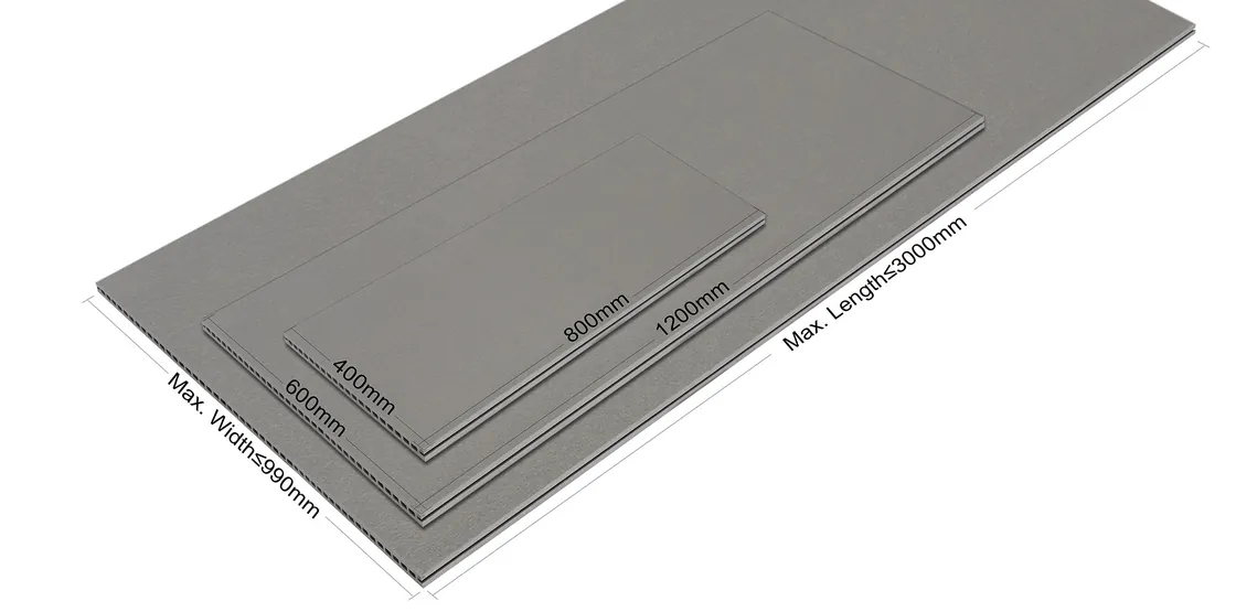 LOPO extruded porcelain panel size chart showing standard modules and custom large format dimensions up to 3000mm in length.