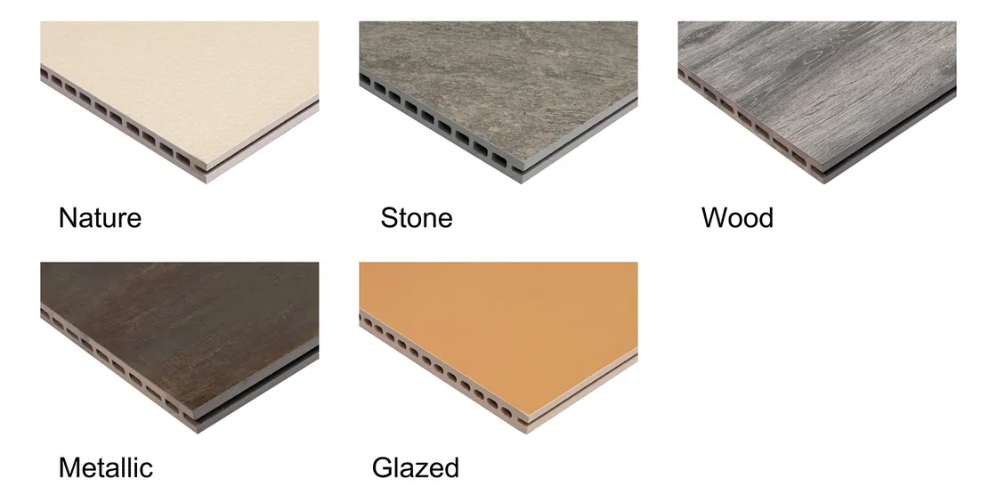 LOPO porcelain cladding visual series including Nature, Stone, Wood, Metallic, and Glazed collections.