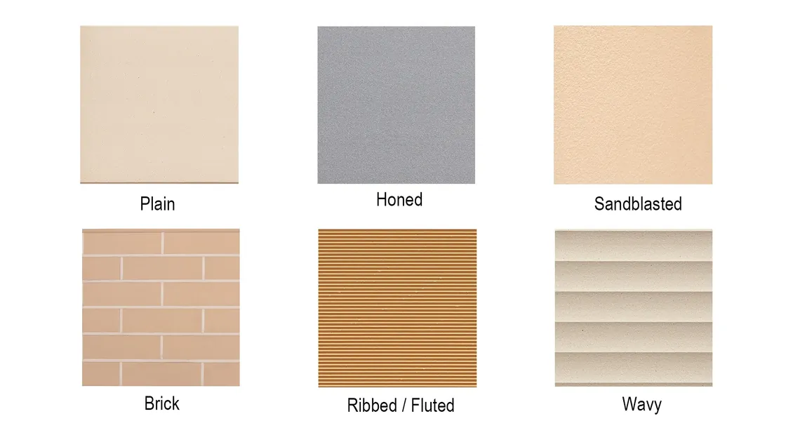A variety of surface textures for extruded porcelain panels, including ribbed, fluted, wavy, and sandblasted finishes.