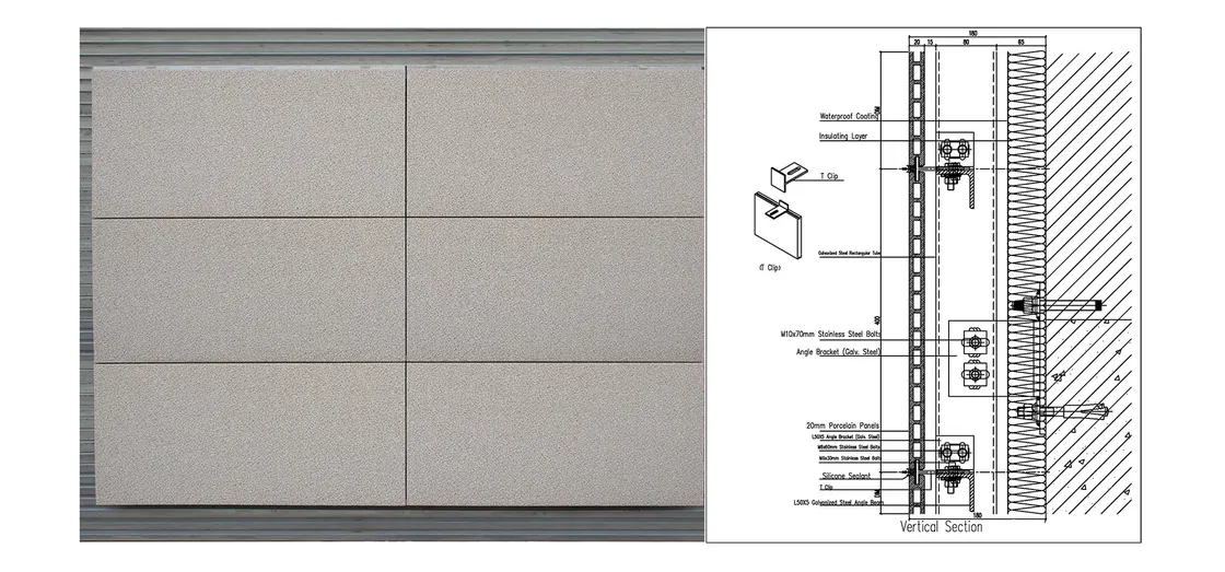 Technical details of LOPO ventilated facade system featuring integrally extruded grooved panels and mechanical fixing clips, illustrated with a CAD drawing.