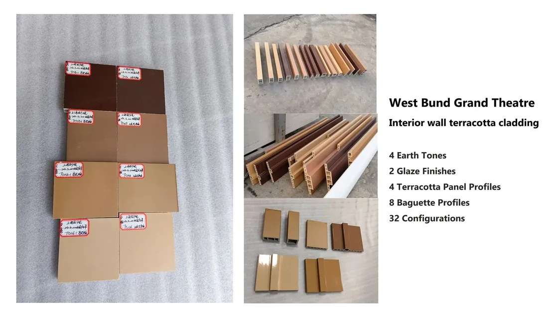 Terracotta samples showing four earth tones, two glaze finishes and multiple custom profiles.