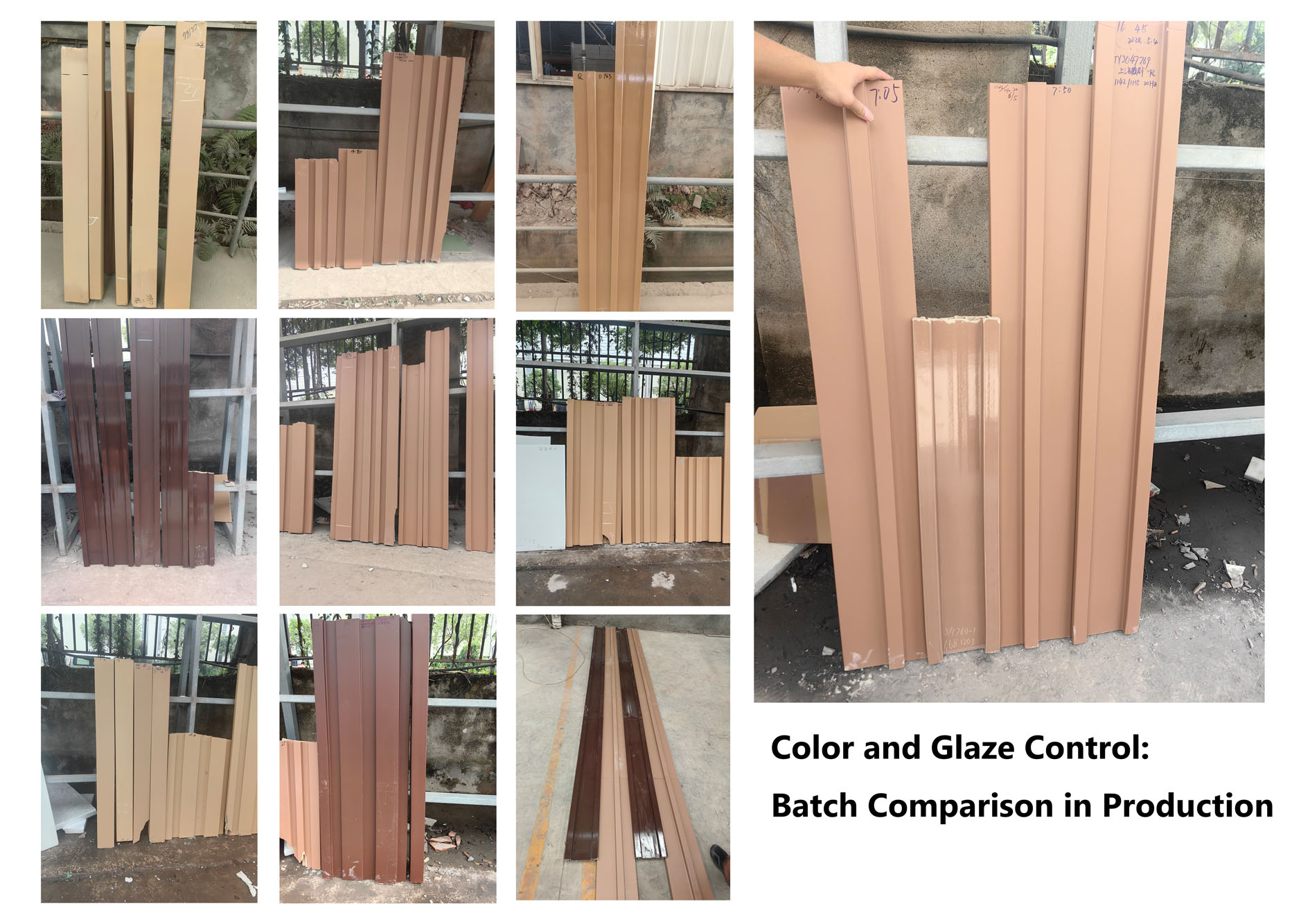 Batch color control comparing terracotta samples during production.