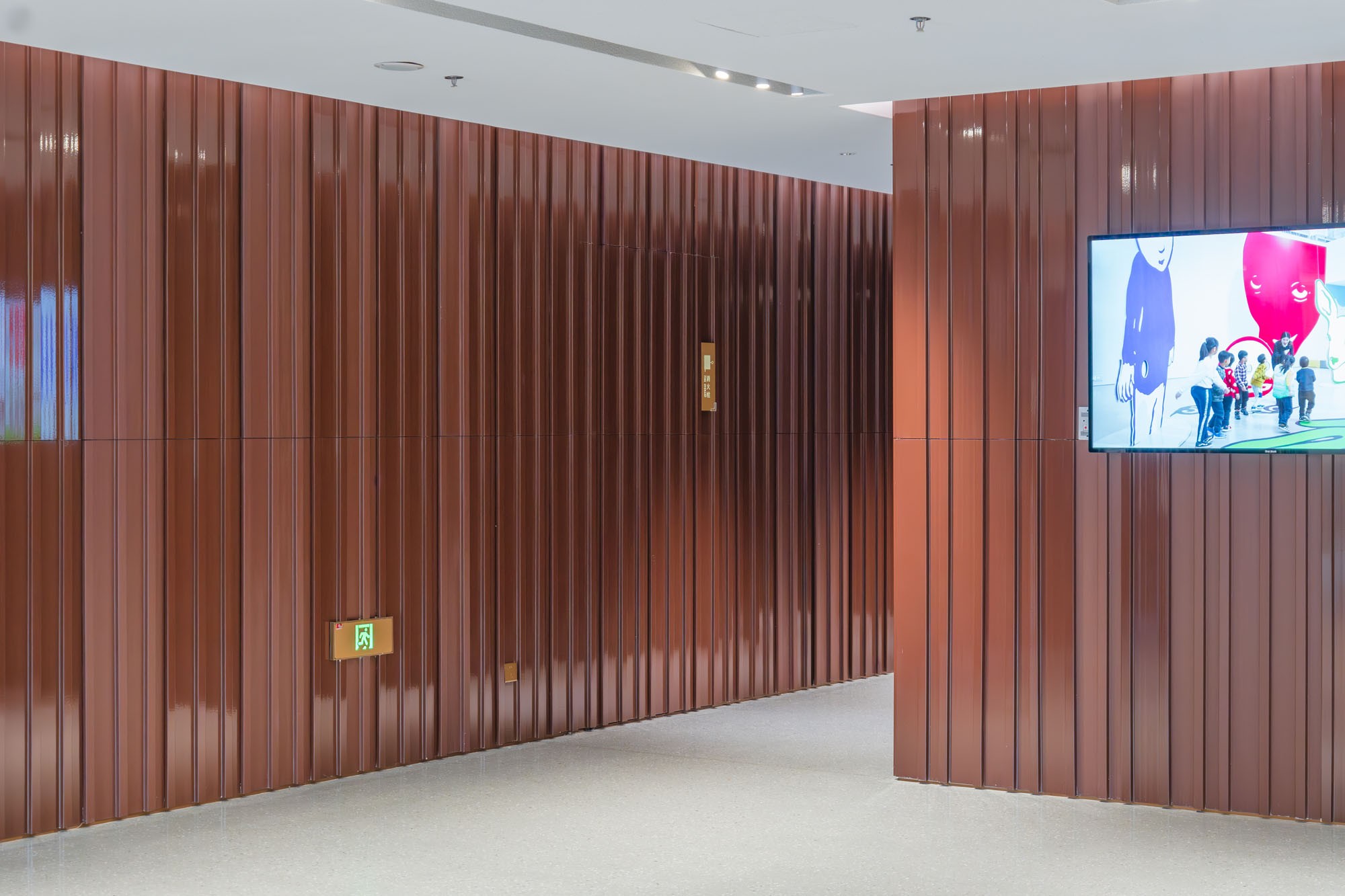Dark brown profiled terracotta panels in a theatre entry corridor.