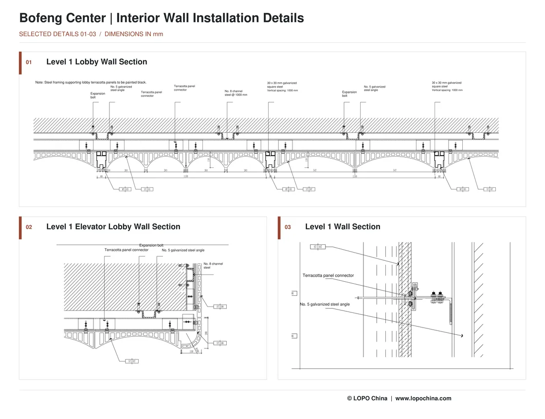 Three numbered Bofeng Center wall sections showing interior terracotta panels and subframe connections.
